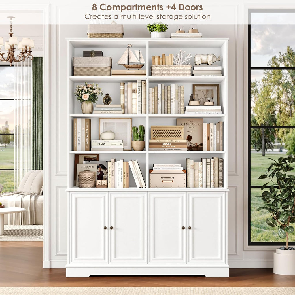 FOTOSOK 73" White Bookshelf with Doors, 6 Tier Tall Bookshelf, 47.2" Double Wide Farmhouse Bookshelves and Bookcases, Large Open Book Shelf Storage Cabinets for Home Office