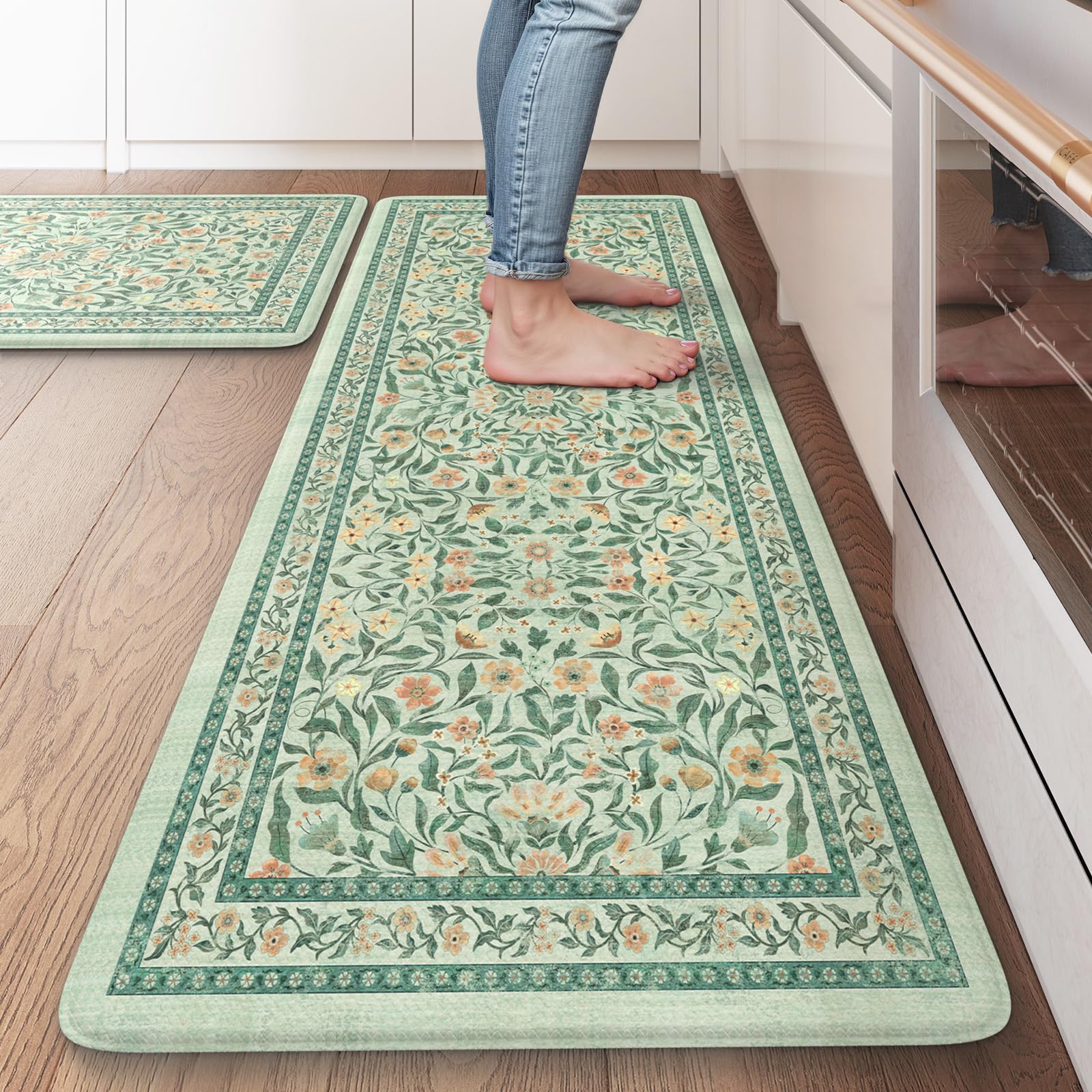 KIMODE Kitchen Mats for Floor Anti Fatigue, Flower Butterfly Kitchen Rugs Sets of 2, Cushioned Kitchen Floor Mats, Comfort Standing Mat for Sink Laundry Office Desk 20"x47"+20"x32" Beige