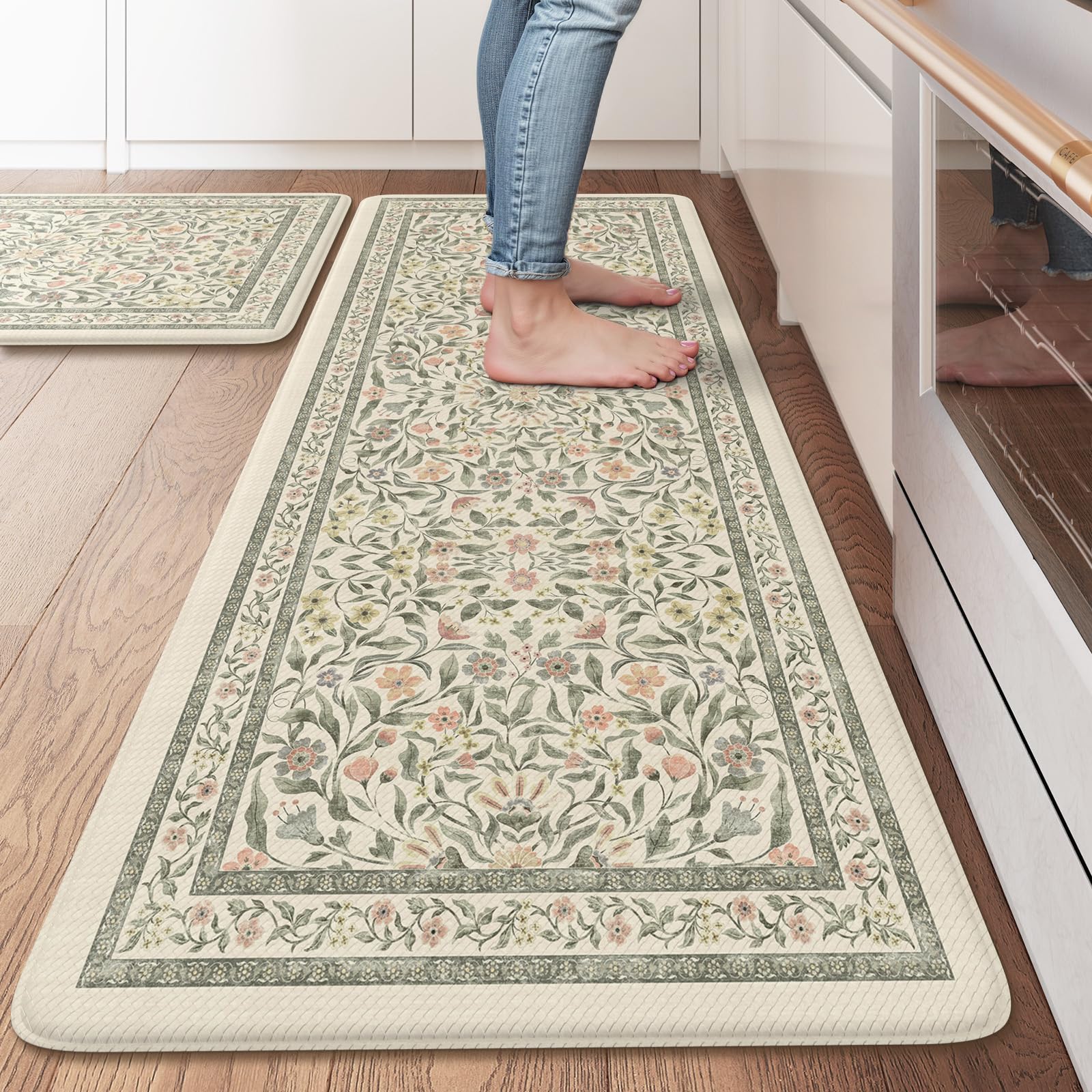 KIMODE Kitchen Mats for Floor Anti Fatigue, Flower Butterfly Kitchen Rugs Sets of 2, Cushioned Kitchen Floor Mats, Comfort Standing Mat for Sink Laundry Office Desk 20"x47"+20"x32" Beige