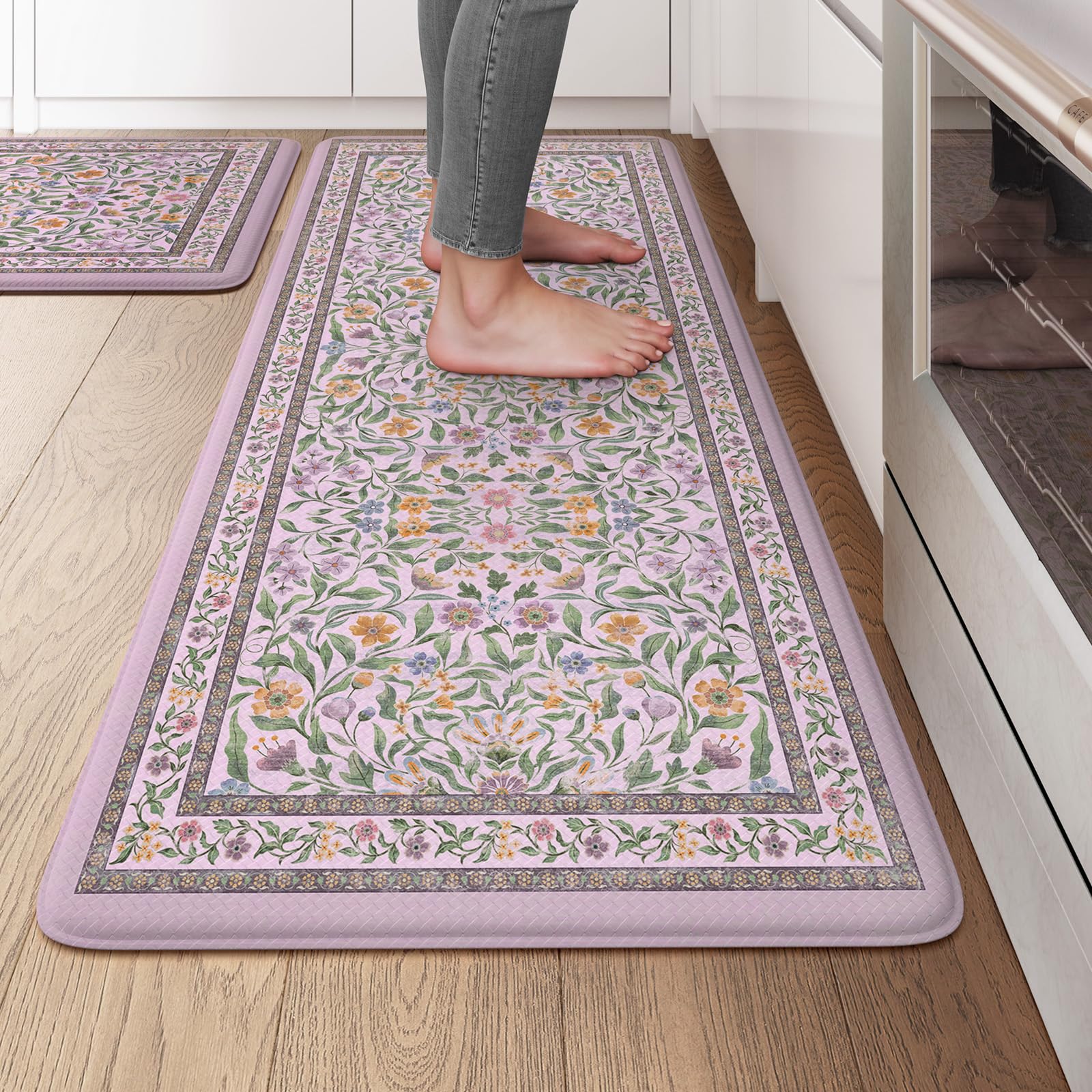 KIMODE Kitchen Mats for Floor Anti Fatigue, Flower Butterfly Kitchen Rugs Sets of 2, Cushioned Kitchen Floor Mats, Comfort Standing Mat for Sink Laundry Office Desk 20"x47"+20"x32" Beige