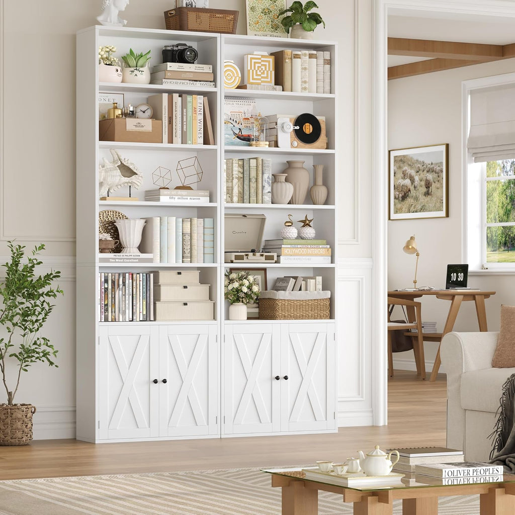 FACBOTALL 82" Tall Bookcase and Book Shelf, 24" Wide Bookshelf with Doors, 7 Tier Bookcase with Storage and Adjustable Shelf, Open and Display Farmhouse Bookshelf for Living Room, Home Office, White