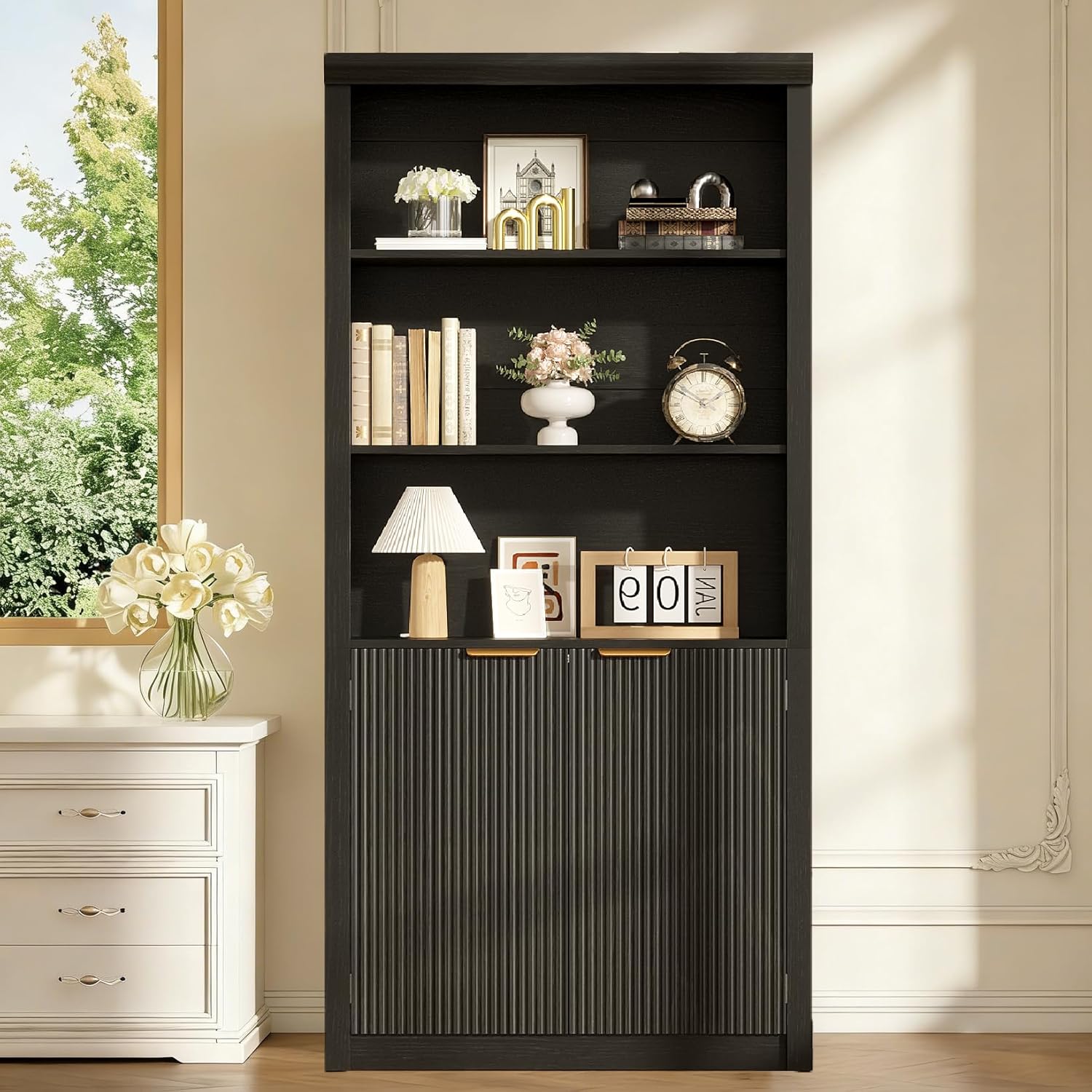 Modern Tall Book Shelf and Bookcase, 31.5"Wide Bookshelf with Doors, Farmhouse Book Case with Adjustable Top Shelf, Wood Storage Cabinet with 5 Tier Display Shelves for Home Office, Living Room, Black