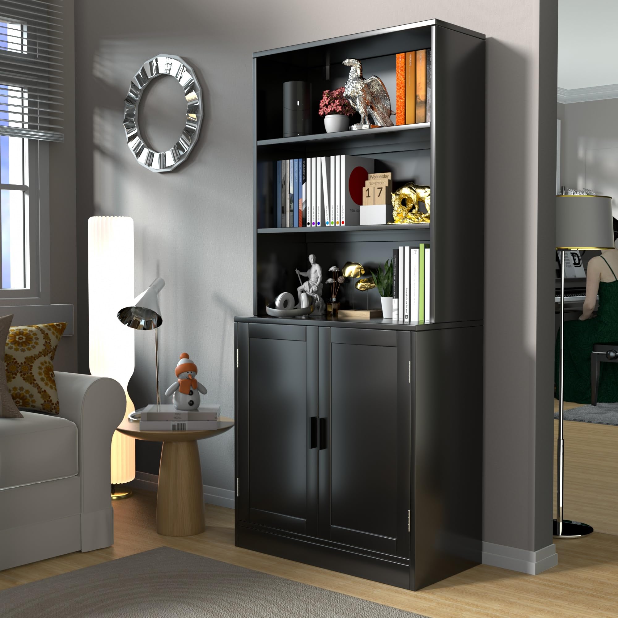 holzart 75" Tall Bookcase with Doors, 5 Tier Large Bookshelf with Cabinet, Standing Wood Display Book Shelf for Living Room, Office, Library with Doors, Black