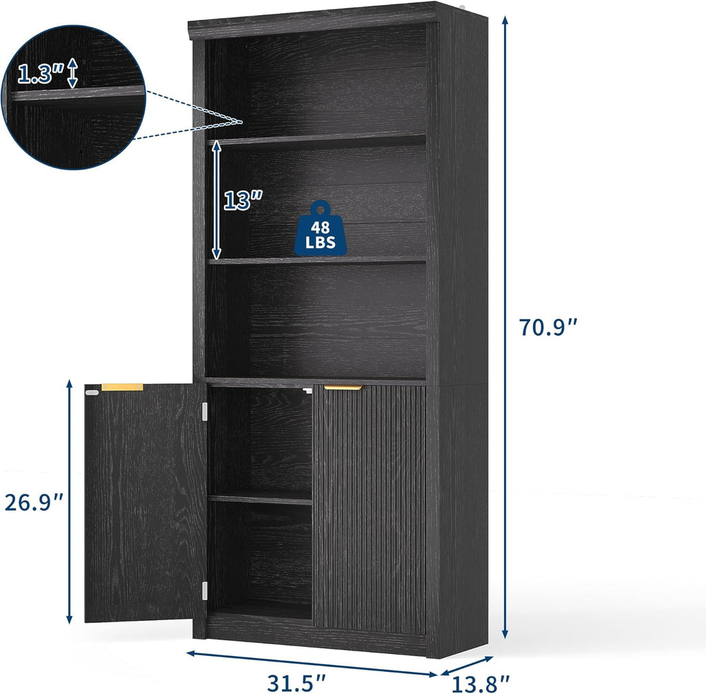 Modern Tall Book Shelf and Bookcase, 31.5"Wide Bookshelf with Doors, Farmhouse Book Case with Adjustable Top Shelf, Wood Storage Cabinet with 5 Tier Display Shelves for Home Office, Living Room, Black