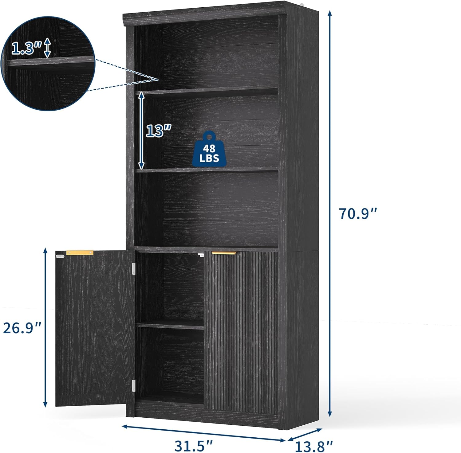Modern Tall Book Shelf and Bookcase, 31.5"Wide Bookshelf with Doors, Farmhouse Book Case with Adjustable Top Shelf, Wood Storage Cabinet with 5 Tier Display Shelves for Home Office, Living Room, Black
