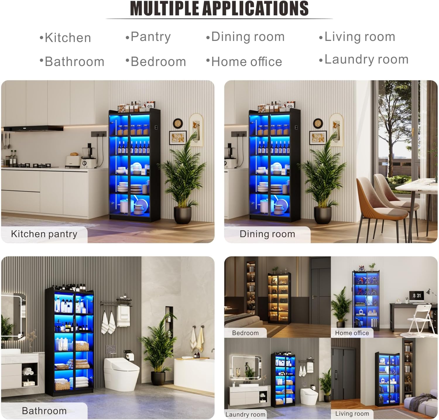 Dystler Display Cabinet with Doors and Adjustable Shelves, 65" Tall Bookcase with LED Lights/Human Sensor, 5 Tier Display Case for Collectibles Bedroom Living Room Office, Black