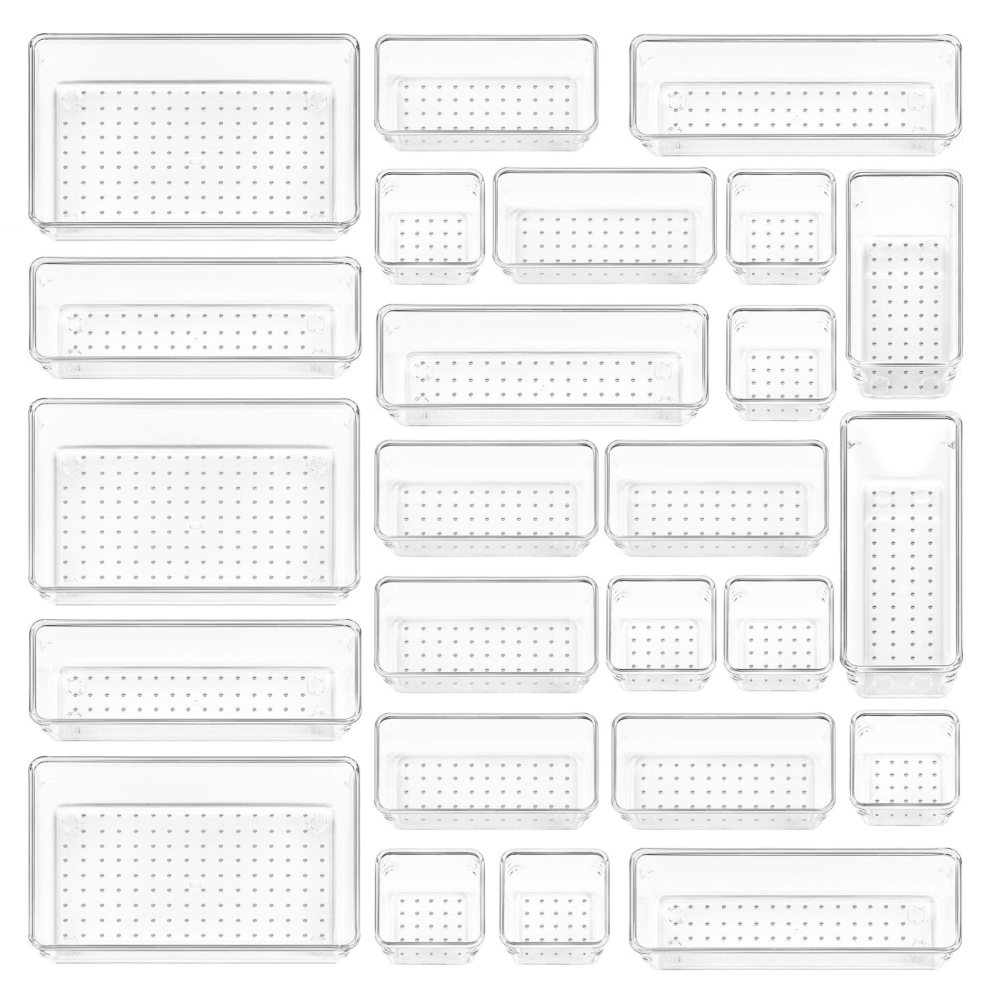 Vtopmart 25 PCS Plastic Drawer Organizers Set, 4-Size Versatile Bathroom and Vanity Drawer Organizer Trays, Storage Bins for Makeup, Bedroom, Kitchen Gadgets Utensils and Office