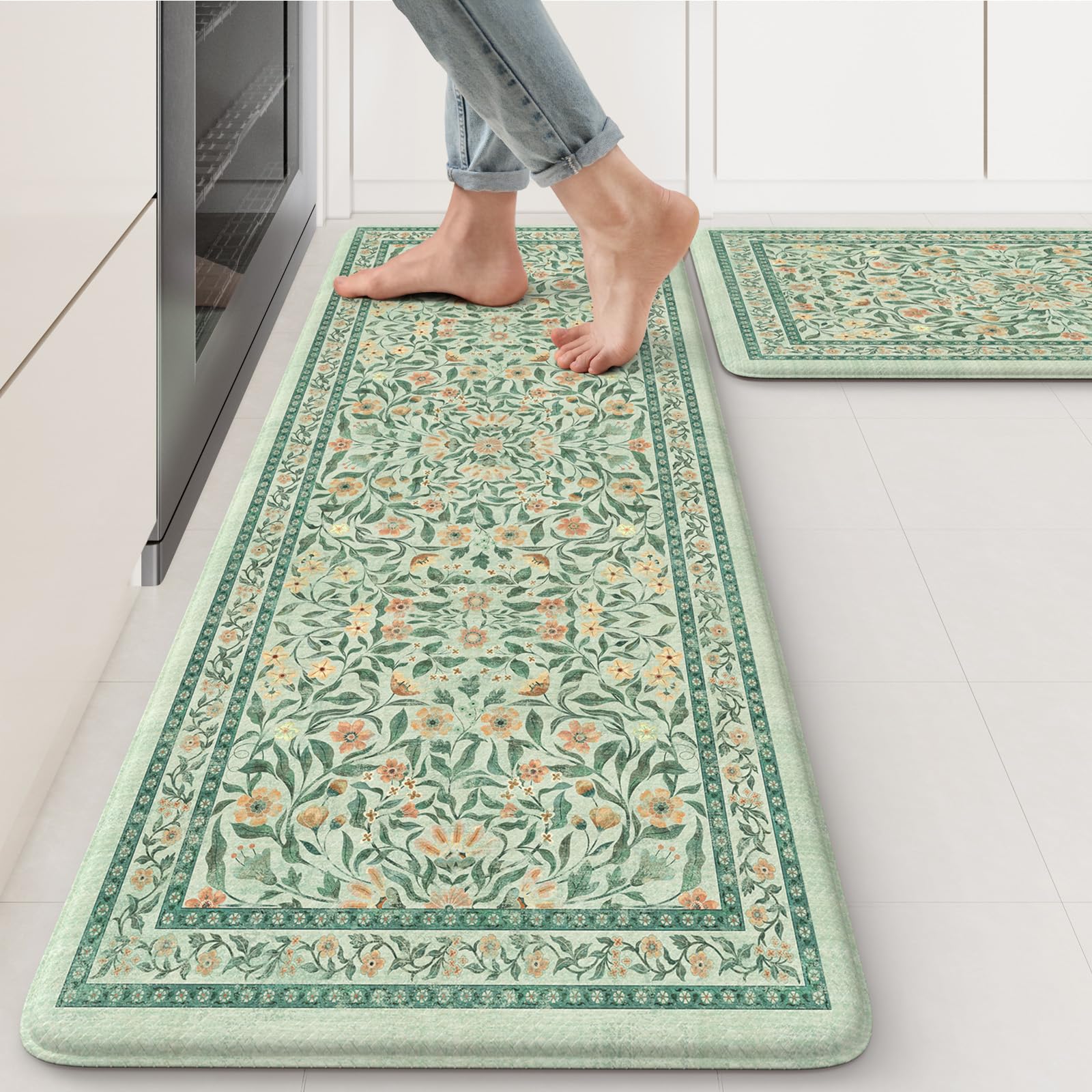 KIMODE Kitchen Mats for Floor Anti Fatigue, Flower Butterfly Kitchen Rugs Sets of 2, Cushioned Kitchen Floor Mats, Comfort Standing Mat for Sink Laundry Office Desk 20"x47"+20"x32" Beige