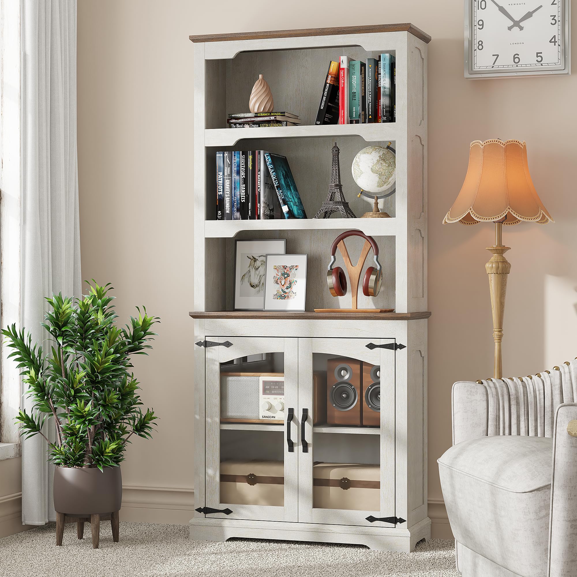 Tall Bookcase, 70 inch Height, 5-Tier Open Storage Shelf, 31.5 in Wide Standing Bookshelves for Home, Office, Bedroom, School, Library, 31.5W * 11.81D *70H (White Espresso, Wooden Door)