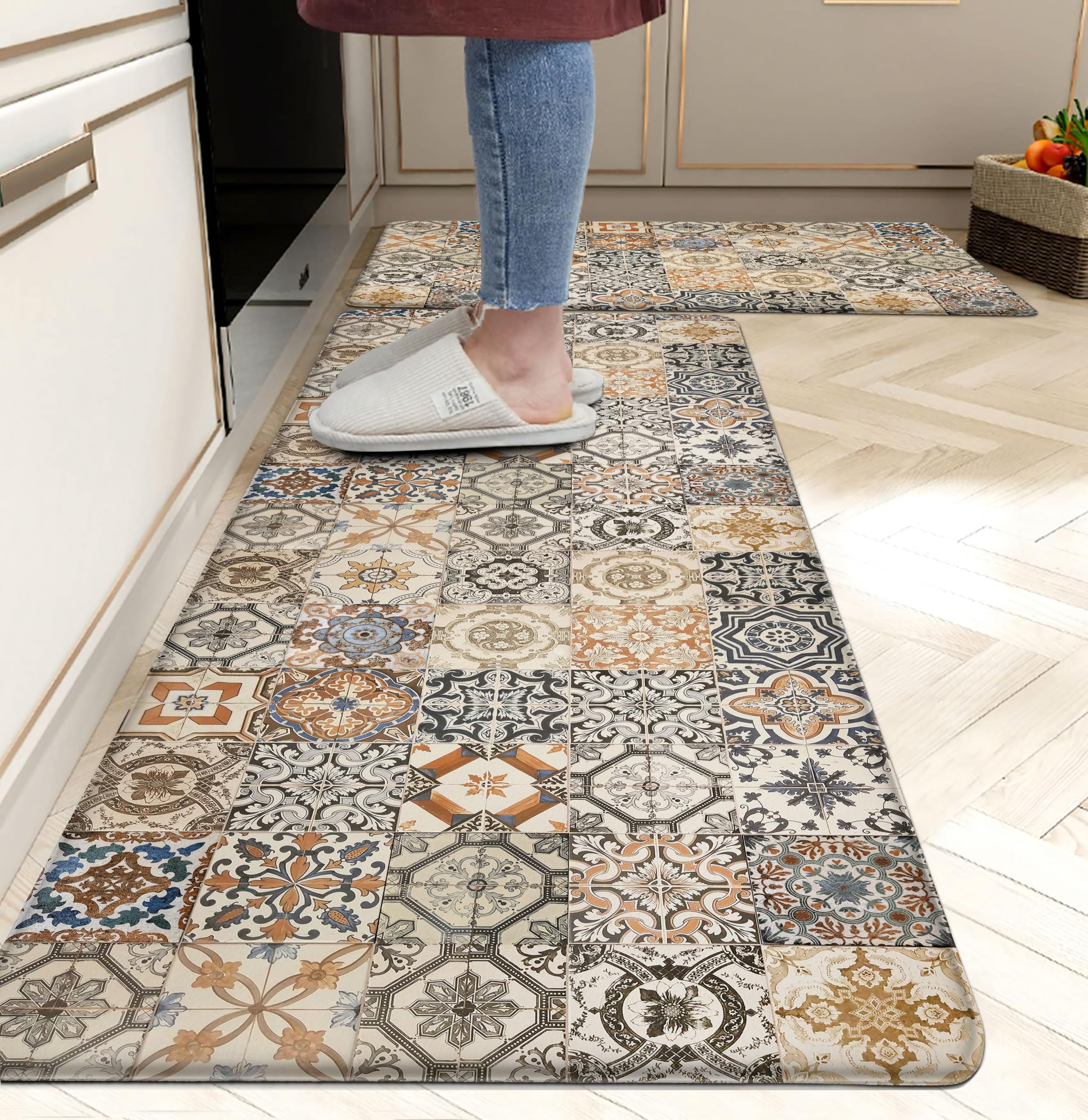 Western Kitchen Mat Rugs Set of 2 Aztec Anti Fatigue Non-Slip Kitchen mats for Floor Western Country Cactus Theme PVC Comfort Mat Floor Rugs Decor Office Front Door Sink 17.3x28+17.3X 47 inches