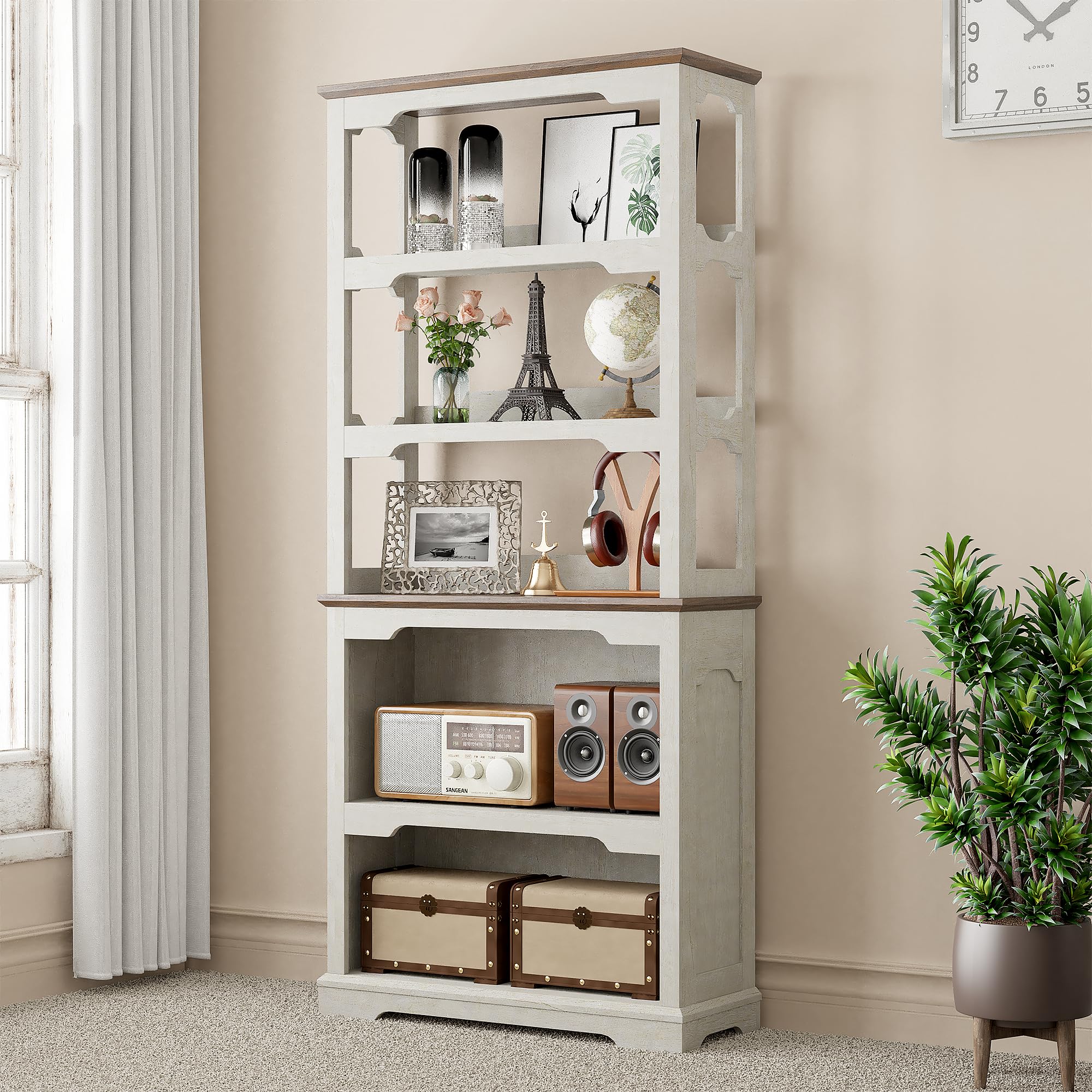 Tall Bookcase, 70 inch Height, 5-Tier Open Storage Shelf, 31.5 in Wide Standing Bookshelves for Home, Office, Bedroom, School, Library, 31.5W * 11.81D *70H (White Espresso, Wooden Door)
