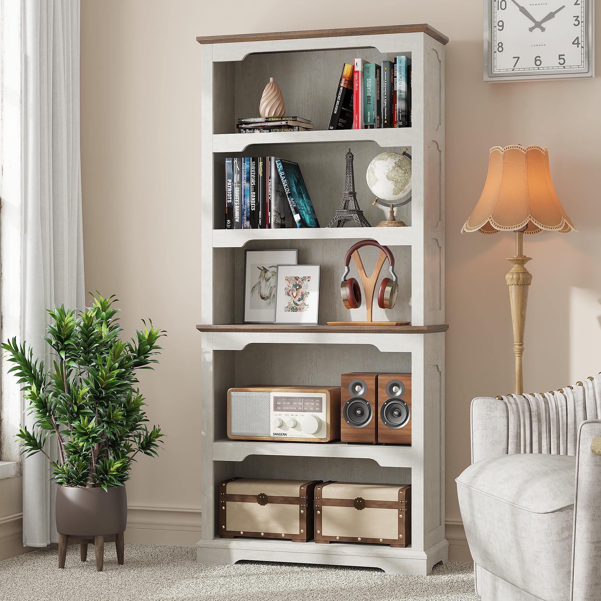 Tall Bookcase, 70 inch Height, 5-Tier Open Storage Shelf, 31.5 in Wide Standing Bookshelves for Home, Office, Bedroom, School, Library, 31.5W * 11.81D *70H (White Espresso, Wooden Door)