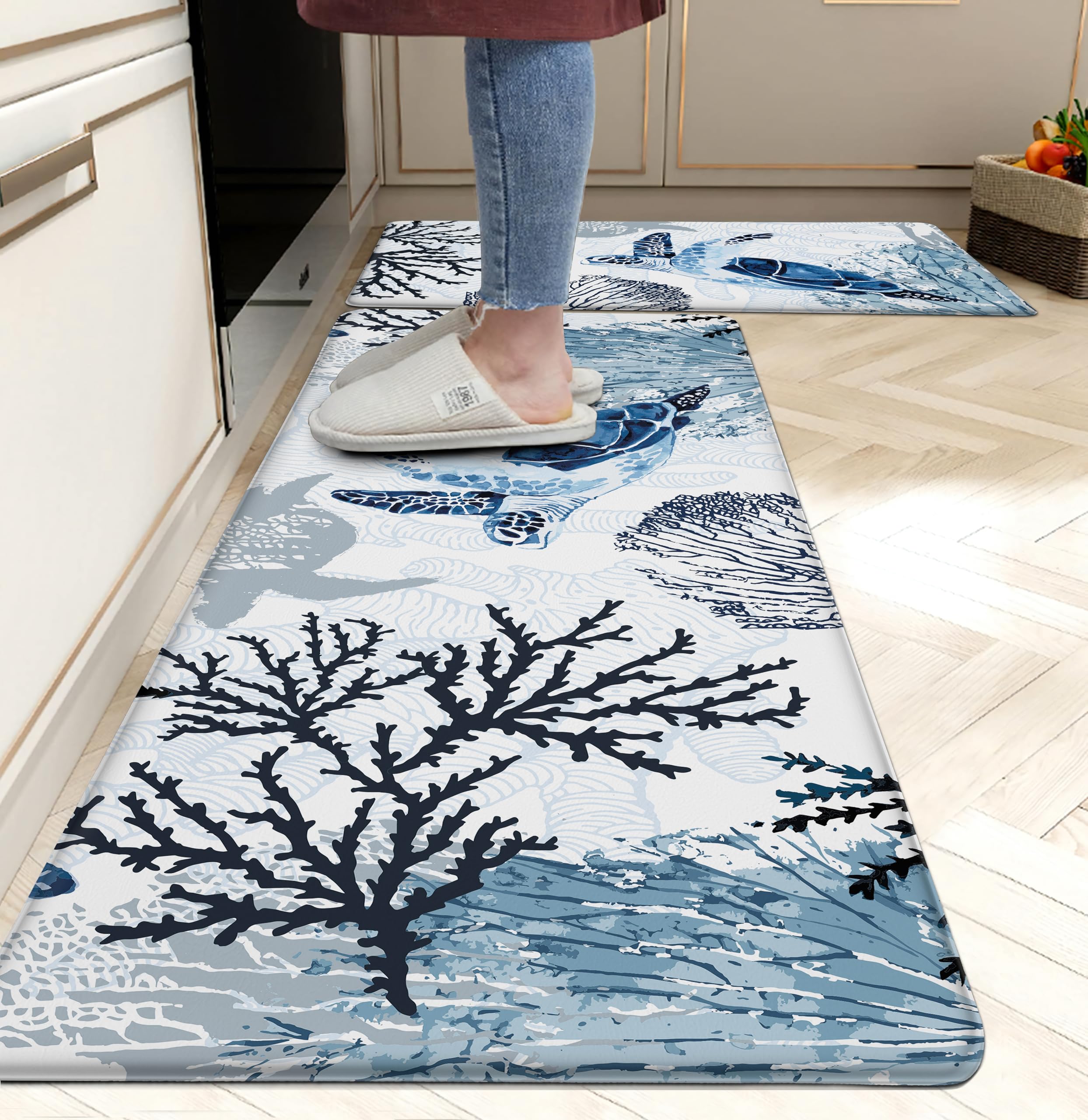 Western Kitchen Mat Rugs Set of 2 Aztec Anti Fatigue Non-Slip Kitchen mats for Floor Western Country Cactus Theme PVC Comfort Mat Floor Rugs Decor Office Front Door Sink 17.3x28+17.3X 47 inches