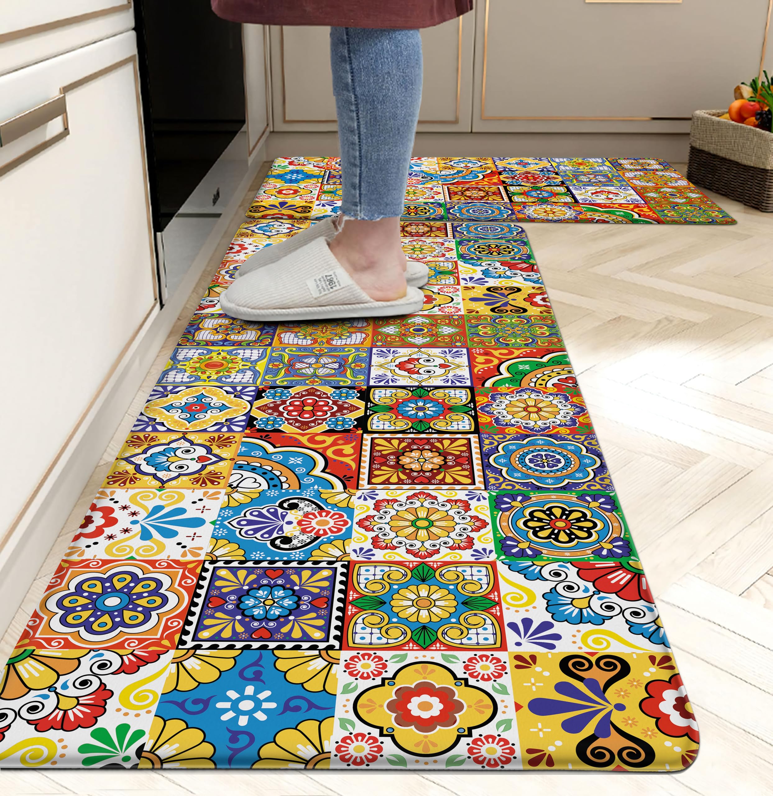 Western Kitchen Mat Rugs Set of 2 Aztec Anti Fatigue Non-Slip Kitchen mats for Floor Western Country Cactus Theme PVC Comfort Mat Floor Rugs Decor Office Front Door Sink 17.3x28+17.3X 47 inches
