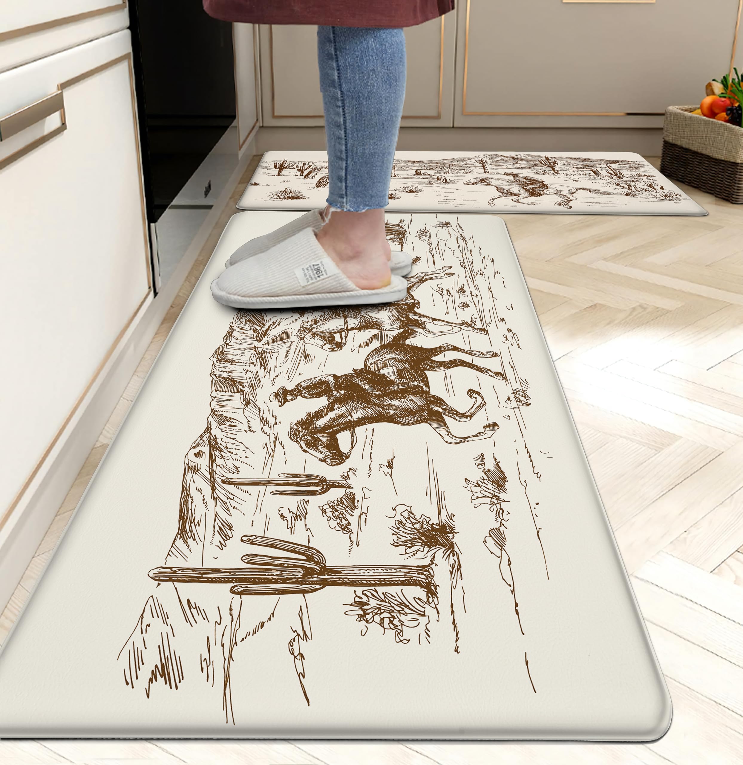 Western Kitchen Mat Rugs Set of 2 Aztec Anti Fatigue Non-Slip Kitchen mats for Floor Western Country Cactus Theme PVC Comfort Mat Floor Rugs Decor Office Front Door Sink 17.3x28+17.3X 47 inches