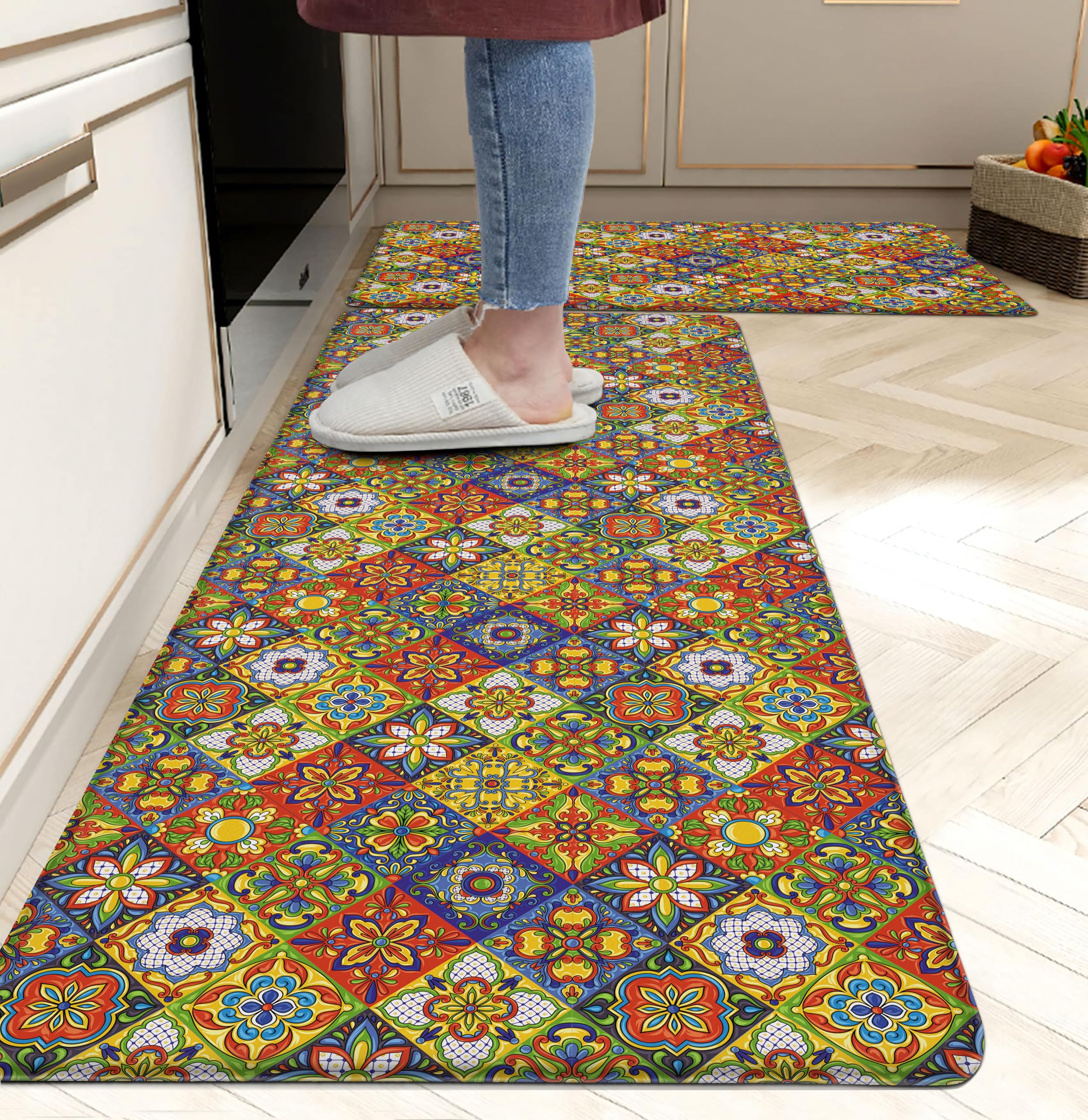 Western Kitchen Mat Rugs Set of 2 Aztec Anti Fatigue Non-Slip Kitchen mats for Floor Western Country Cactus Theme PVC Comfort Mat Floor Rugs Decor Office Front Door Sink 17.3x28+17.3X 47 inches